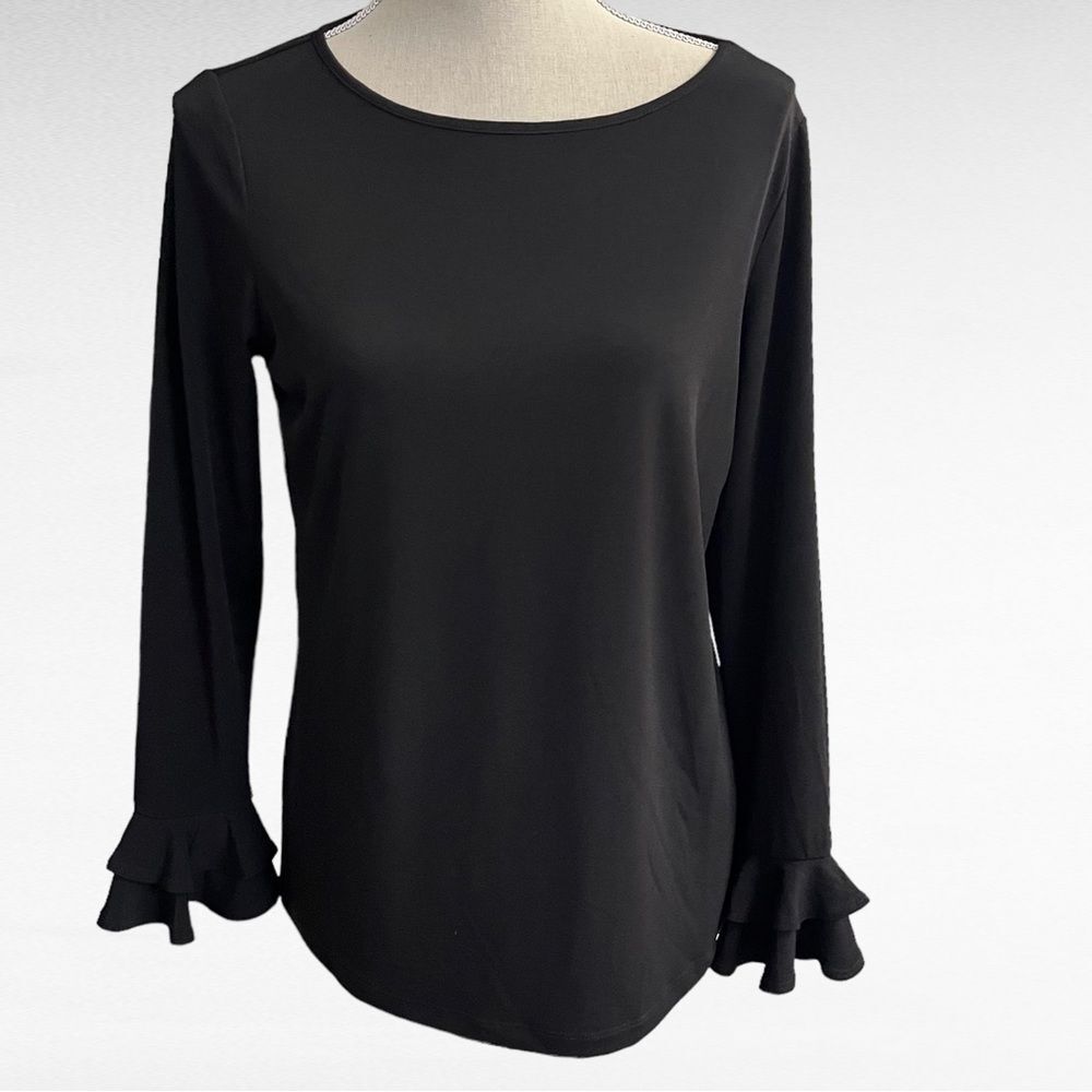 Susan Graver Liquid Knit Long Sleeve with Ruffle Detail Top Blouse Size Small